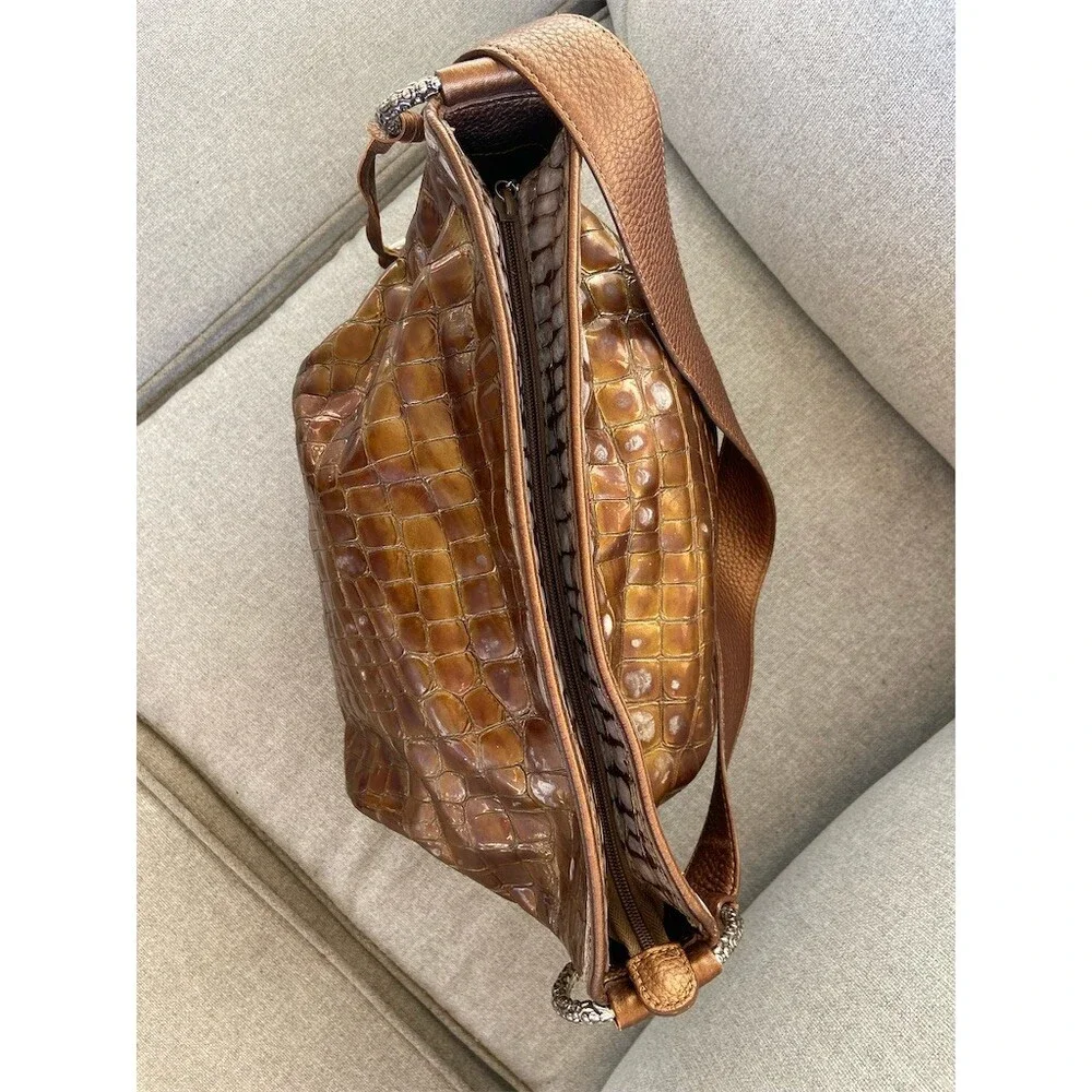 Brighton Cher Hobo Shoulder Bag Womens Large Brown Bronze Croc Embossed